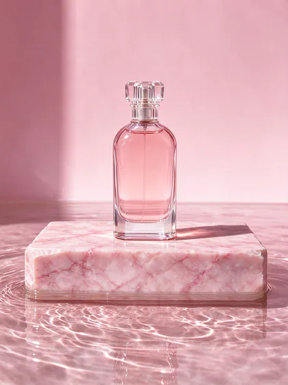 A glass perfume bottle on a pink marble block in shallow water with sunlight rippling on it