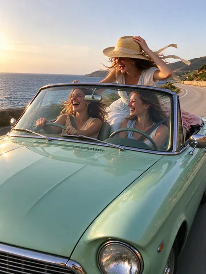 Three friends laughing in a mint convertible on a coastal road at golden hour