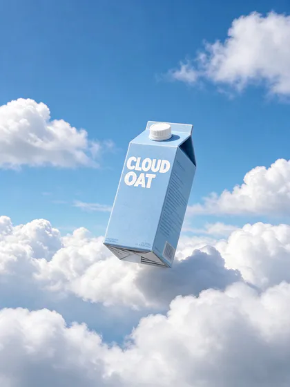 A carton of oat milk floating among white clouds in a blue sky