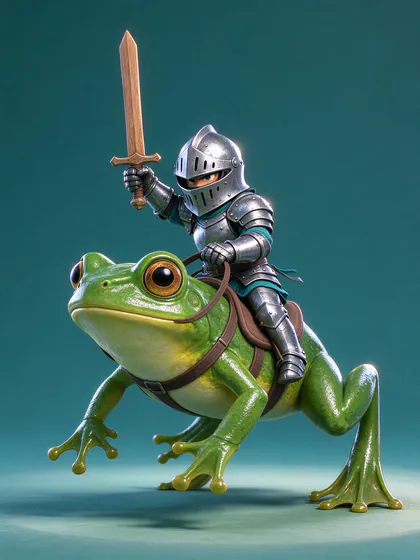A 3D tiny knight riding a big green frog with a wooden sword raised