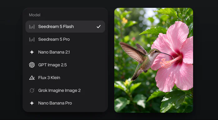 The model menu with Seedream 5 Flash ticked above Seedream 5 Pro, Nano Banana 2.1, GPT Image 2.5, Flux 3 Klein, Grok Imagine Image 2 and Nano Banana Pro, next to a Seedream 5 Flash photo of a hummingbird at a pink hibiscus