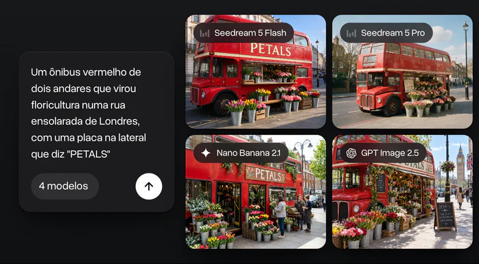 Um prompt sobre um ônibus de dois andares que virou floricultura com a placa PETALS rodado no Seedream 5 Flash, Seedream 5 Pro, Nano Banana 2.1 e GPT Image 2.5, os quatro resultados lado a lado