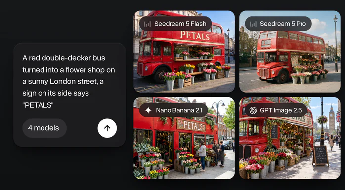 One prompt about a double-decker bus turned into a flower shop with a PETALS sign run on Seedream 5 Flash, Seedream 5 Pro, Nano Banana 2.1 and GPT Image 2.5, the four results side by side