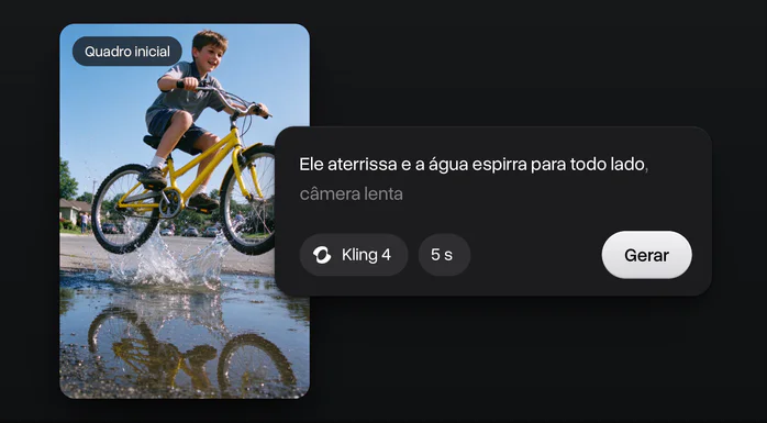 Uma imagem do Seedream 5 Flash de um menino de bicicleta amarela pulando uma poça como quadro inicial de um vídeo, com o prompt, Kling 4, 5 segundos e Gerar