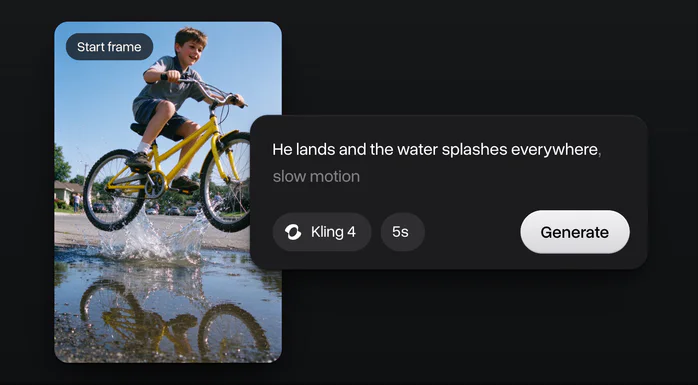 A Seedream 5 Flash picture of a boy on a yellow bike jumping a puddle as the start frame of a video, with the prompt, Kling 4, 5 seconds and Generate