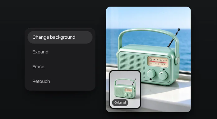 The photo tools with Change background picked, a mint retro radio moved from a grey background to a sunny windowsill by the sea, the original in the corner
