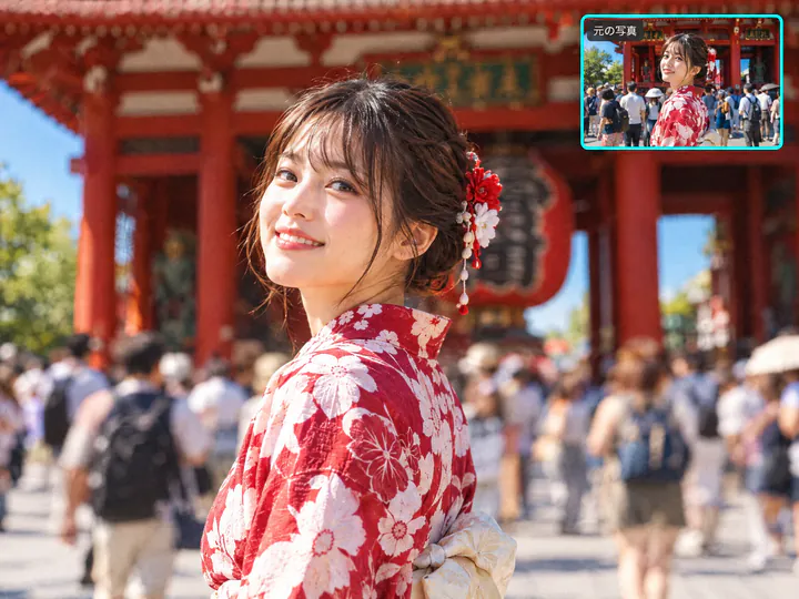人混みをぼかした寺の門の前の浴衣の女性。右上に人混みがはっきり写った元の写真