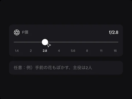 F値のスライダー。f/2.8が選ばれ、下に詳細欄