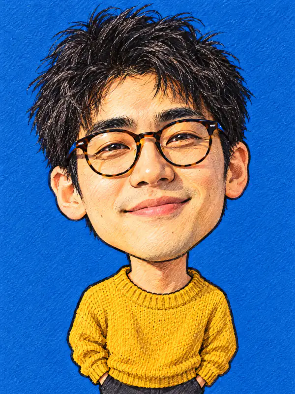 AIでデフォルメの似顔絵にした丸メガネの男性。左上に元の写真