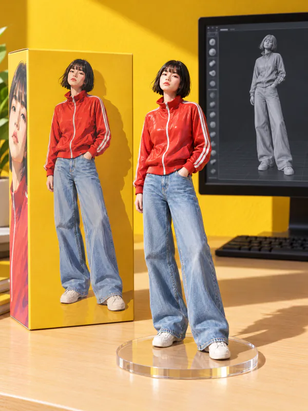 赤いトラックジャケットの女性を1/7スケールフィギュアにした写真。箱と3Dモデルの画面つき、左下に元の写真