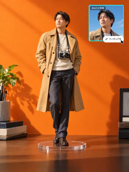 トレンチコートの男性の1/7スケールフィギュア。右上に元の写真と「フィギュア化」ボタン