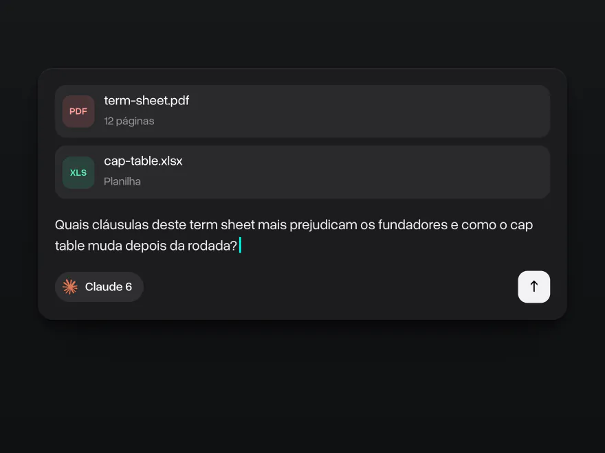 Um term sheet de 12 páginas e um cap table anexados, o Claude 6 selecionado e uma pergunta sobre as cláusulas e a rodada