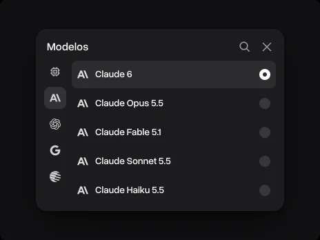 O menu Modelos com o Claude 6 selecionado acima do Claude Opus 5.5, do Claude Fable 5.1, do Claude Sonnet 5.5 e do Claude Haiku 5.5