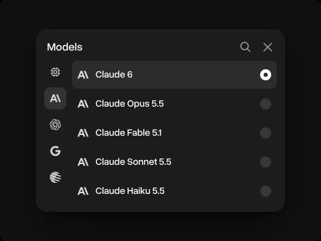 The Models menu with Claude 6 picked above Claude Opus 5.5, Claude Fable 5.1, Claude Sonnet 5.5 and Claude Haiku 5.5
