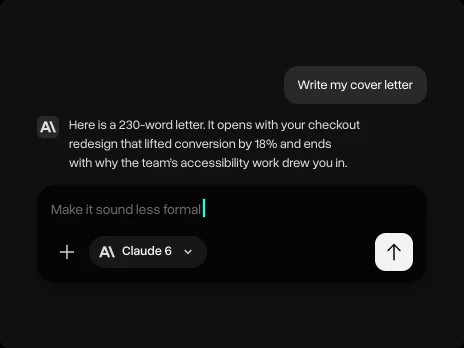 Claude 6's cover letter and a follow-up asking to make it sound less formal