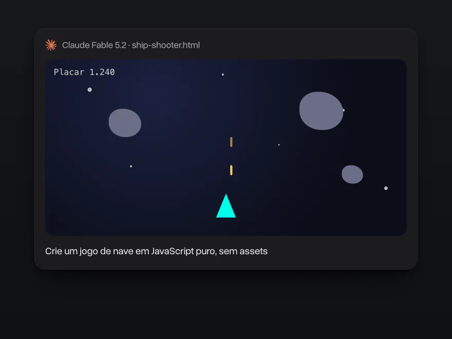 Um jogo de nave em JavaScript puro feito pelo Claude Fable 5.2, com asteroides, tiros e placar de 1.240