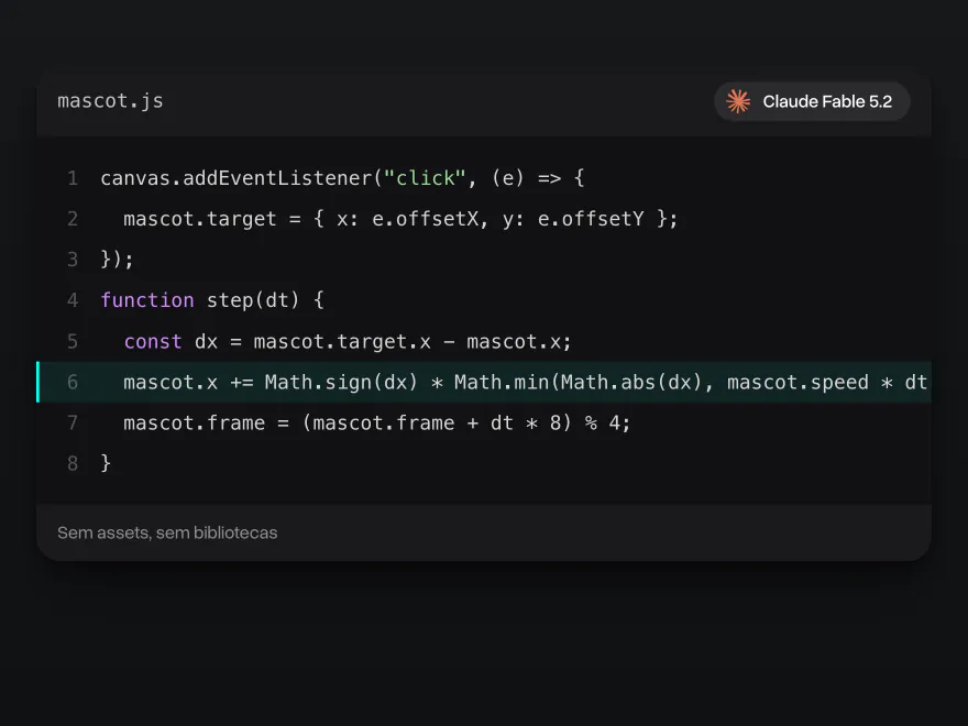 mascot.js em um editor de código: o código do Claude Fable 5.2 que move um mascote até onde você clica