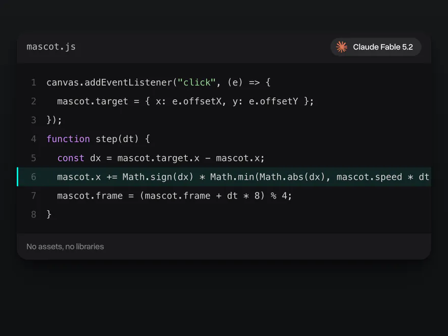 mascot.js in a code editor: Claude Fable 5.2's code that moves a mascot to where you click
