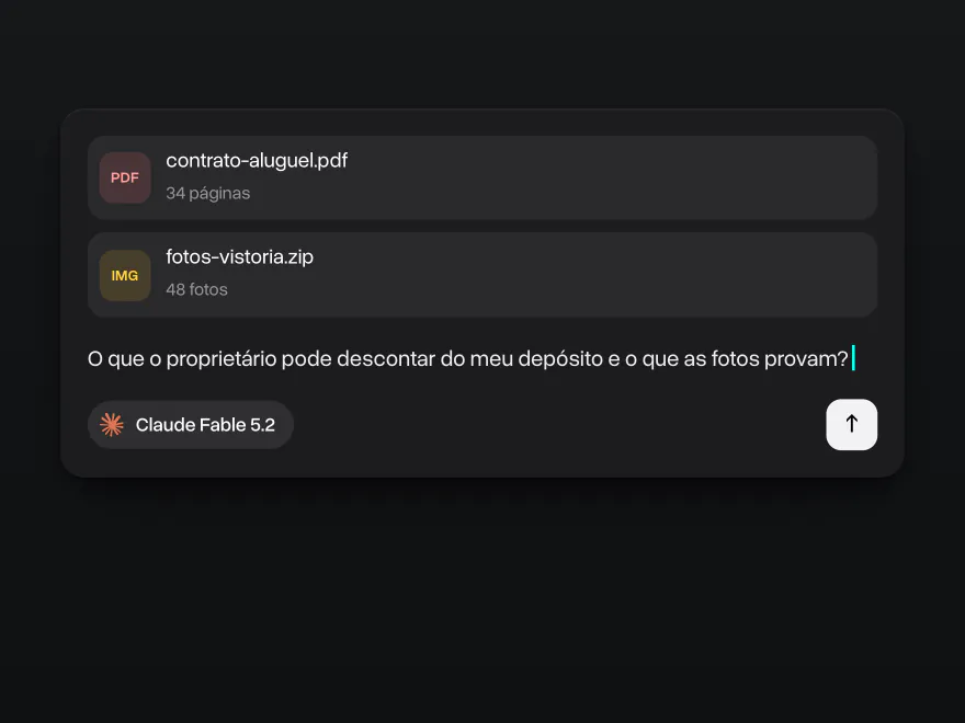 Um contrato de aluguel de 34 páginas e 48 fotos da vistoria anexados, o Claude Fable 5.2 selecionado e uma pergunta sobre o depósito