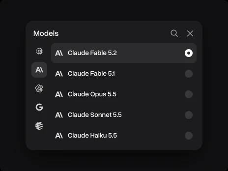 The Models menu with Claude Fable 5.2 picked above Claude Fable 5.1, Claude Opus 5.5 and Claude Sonnet 5.5
