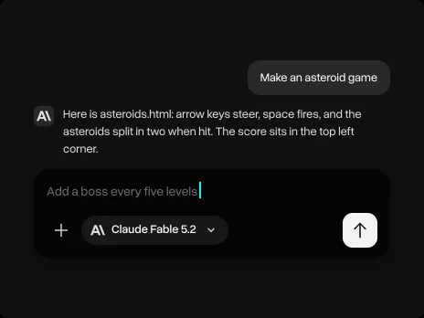 Claude Fable 5.2's answer with asteroids.html and a follow-up asking for a boss every five levels