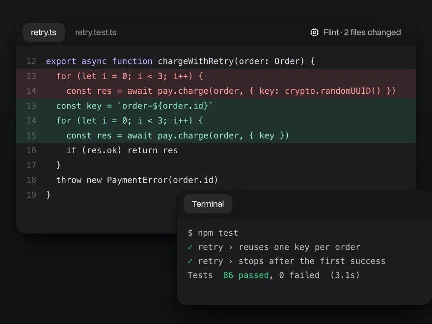 Editor de código com a correção do Flint em retry.ts, uma chave de idempotência por pedido, e um terminal com 86 testes aprovados