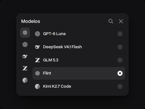 O menu Modelos com o Flint selecionado entre o GLM 5.3 e o Kimi K2.7 Code