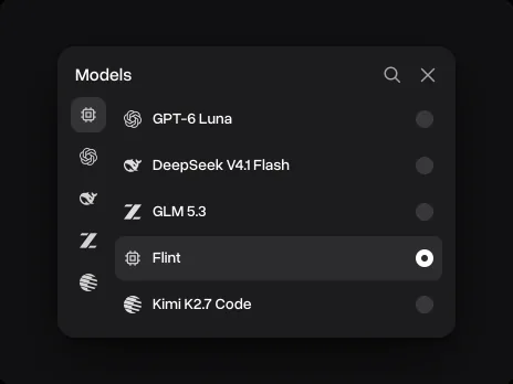 The Models menu with Flint picked between GLM 5.3 and Kimi K2.7 Code