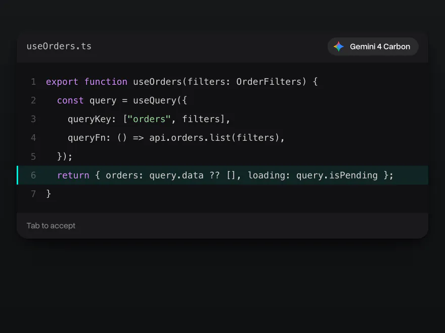 A code editor with useOrders.ts and a line suggested by Gemini 4 Carbon