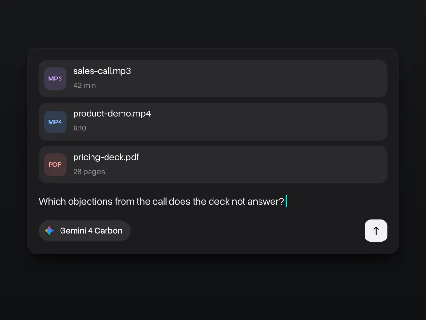 A sales call recording, a product demo video and a pricing deck attached, Gemini 4 Carbon picked and a question about objections the deck doesn't answer