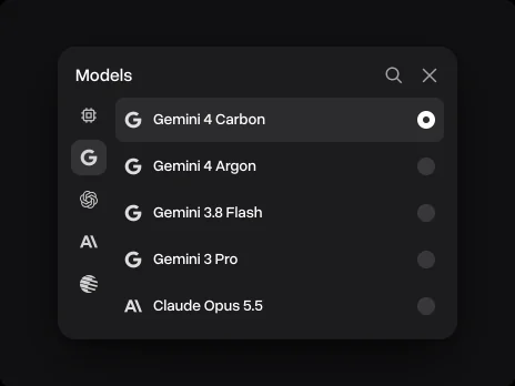The Models menu with Gemini 4 Carbon picked above Gemini 4 Argon, Gemini 3.8 Flash and Gemini 3 Pro