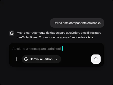 A resposta do Gemini 4 Carbon sobre mover o carregamento de dados para useOrders e um pedido de testes
