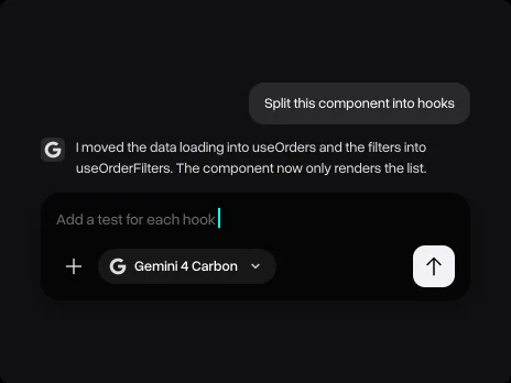 Gemini 4 Carbon's answer about moving data loading into useOrders and a follow-up asking for tests
