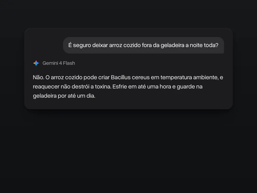 Uma pergunta sobre deixar arroz cozido fora da geladeira e a resposta curta do Gemini 4 Flash