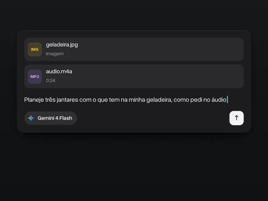 A foto de uma geladeira e um áudio anexados, o Gemini 4 Flash selecionado e um pedido para planejar três jantares