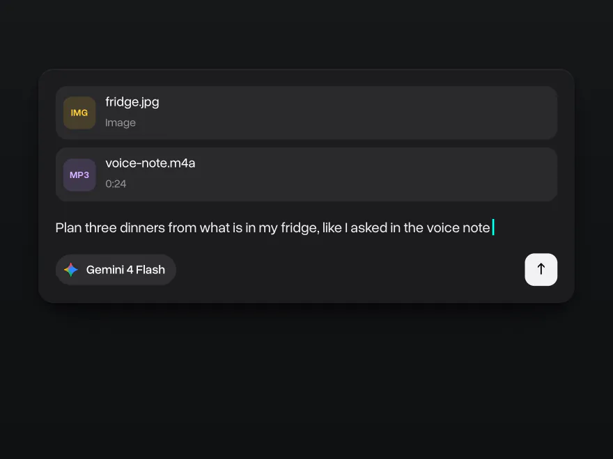 A photo of a fridge and a voice note attached, Gemini 4 Flash picked and a request to plan three dinners