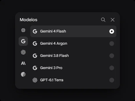 O menu Modelos com o Gemini 4 Flash selecionado acima do Gemini 4 Argon, do Gemini 3.8 Flash e do Gemini 3 Pro