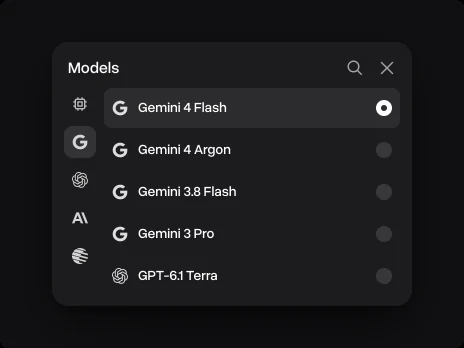 The Models menu with Gemini 4 Flash picked above Gemini 4 Argon, Gemini 3.8 Flash and Gemini 3 Pro