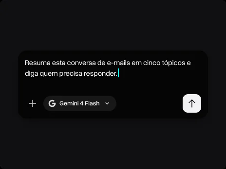 Campo de mensagem com um prompt pedindo para resumir uma conversa de e-mails em cinco tópicos