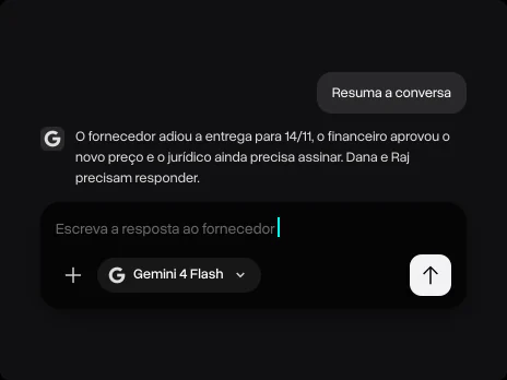 O resumo do Gemini 4 Flash da conversa de e-mails e um pedido para escrever a resposta