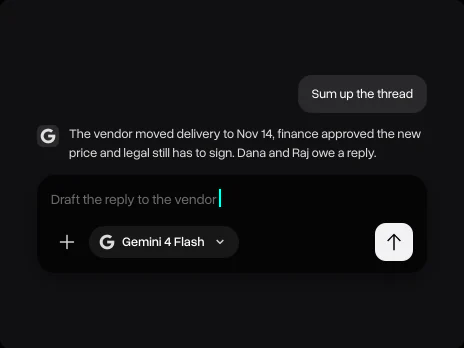 Gemini 4 Flash's summary of the email thread and a follow-up asking to draft the reply