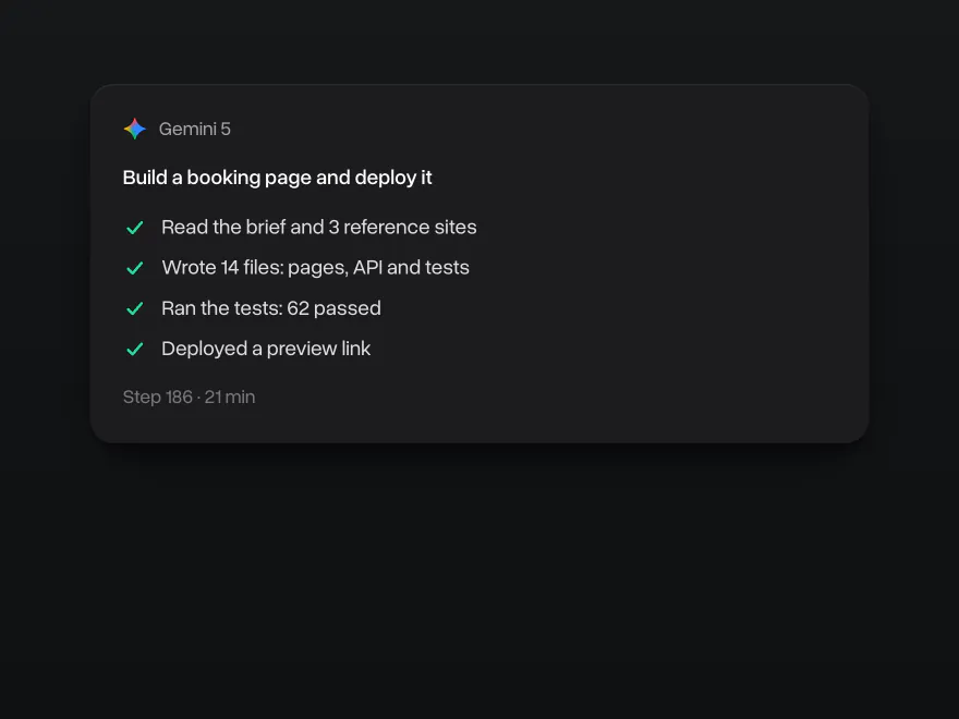 Gemini 5 building a booking page: reading the brief, writing 14 files, running 62 tests and deploying a preview link