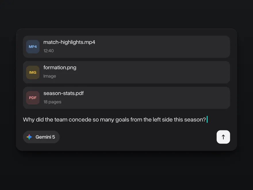 Match highlights video, a formation screenshot and season statistics attached, Gemini 5 picked and a question about goals conceded