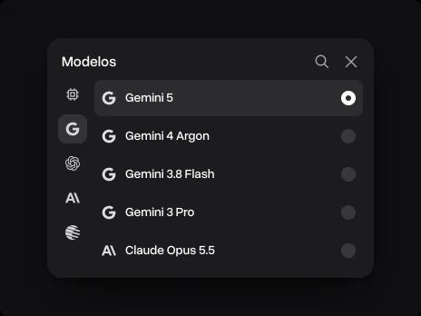 O menu Modelos com o Gemini 5 selecionado acima do Gemini 4 Argon, do Gemini 3.8 Flash e do Gemini 3 Pro