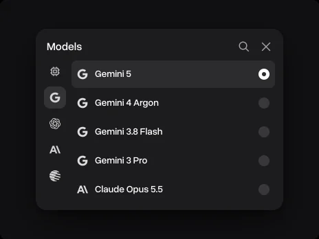 The Models menu with Gemini 5 picked above Gemini 4 Argon, Gemini 3.8 Flash and Gemini 3 Pro