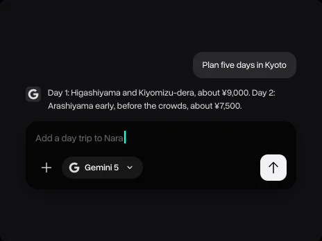 Gemini 5's plan for the first two days in Kyoto and a follow-up asking to add a day trip to Nara