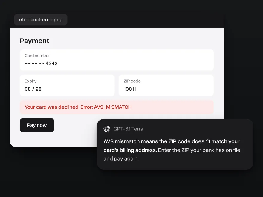 A checkout page screenshot with a declined card error attached, and GPT-6.1 Terra's answer naming the cause and the three steps to fix it
