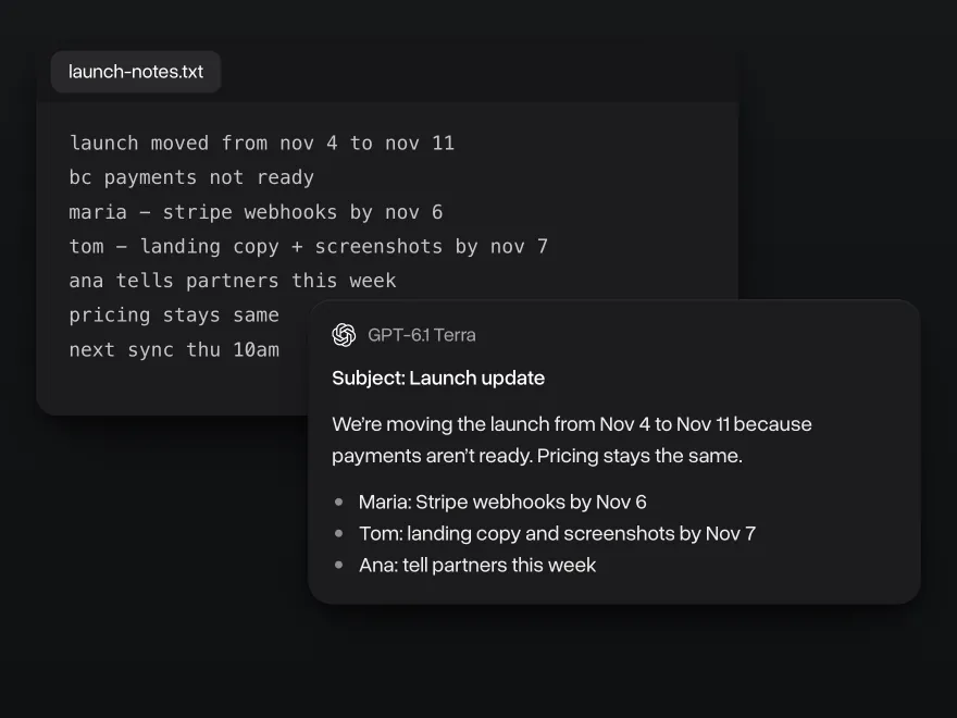 Rough meeting notes in a document and GPT-6.1 Terra's email to the team with the new launch date and who does what