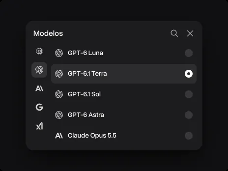 O menu Modelos com o GPT-6.1 Terra selecionado entre o GPT-6 Luna e o GPT-6.1 Sol