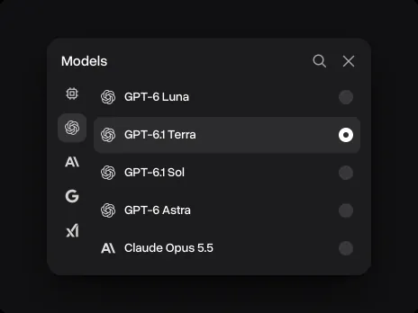 The Models menu with GPT-6.1 Terra picked between GPT-6 Luna and GPT-6.1 Sol
